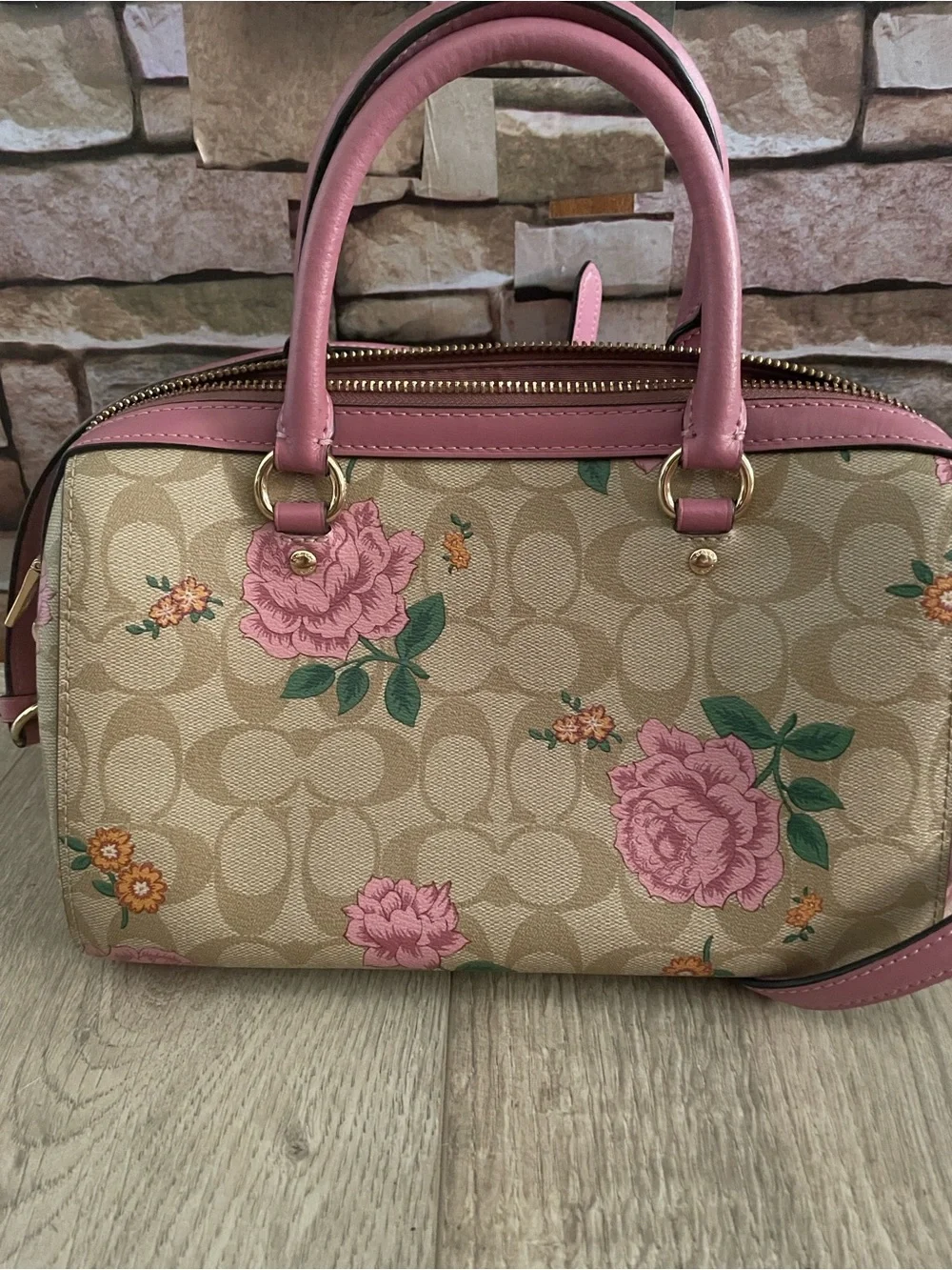 Coach Beige Signature Floral Dome Satchel with Pink Trim